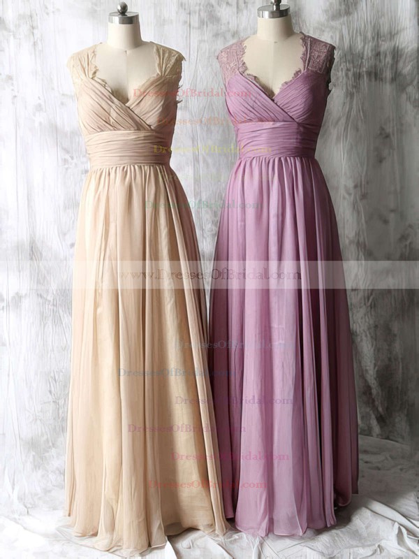 Pretty Open Back Purple Chiffon Lace V-neck Floor-length Bridesmaid Dresses #DOB01012534