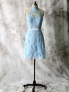 Sheath/Column Lace Tulle Appliques Short/Mini High Neck Bridesmaid Dresses #DOB01012538