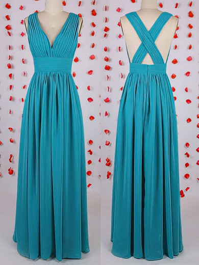 New V-neck Pleats Floor-length Blue Chiffon Bridesmaid Dress #DOB01012549