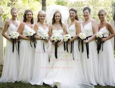 V-neck White Chiffon with Sashes/Ribbons Spaghetti Straps A-line Bridesmaid Dress #DOB01012566