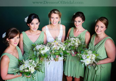 Knee-length Sage Chiffon with Ruffles Gorgeous V-neck Bridesmaid Dresses #DOB01012573