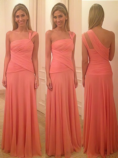 Interesting Sheath/Column Chiffon Ruffles One Shoulder Watermelon Bridesmaid Dress #DOB01012580