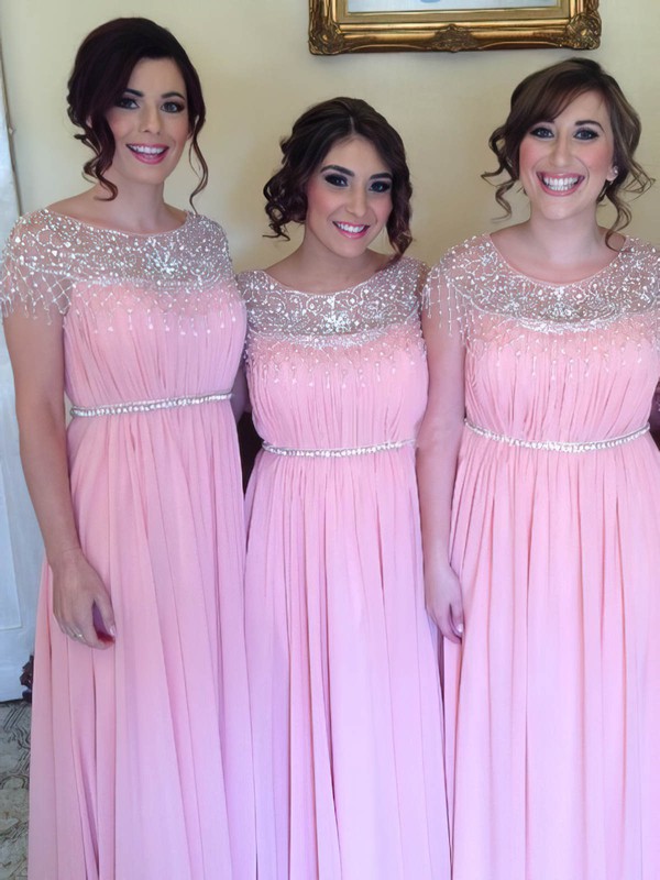 Wholesale Scoop Neck Pink Chiffon Beading Floor-length Bridesmaid Dress #DOB01012583