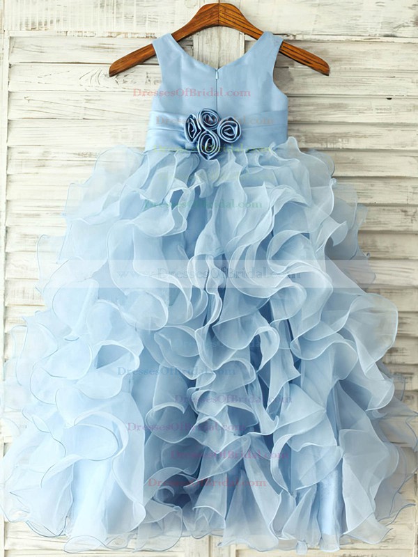 Nicest Ankle-length Ruffles Blue Organza Flower(s) Scoop Neck Flower Girl Dress #DOB01031845
