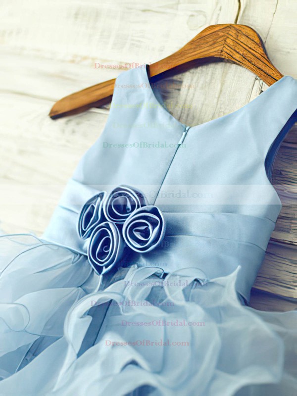 Nicest Ankle-length Ruffles Blue Organza Flower(s) Scoop Neck Flower Girl Dress #DOB01031845