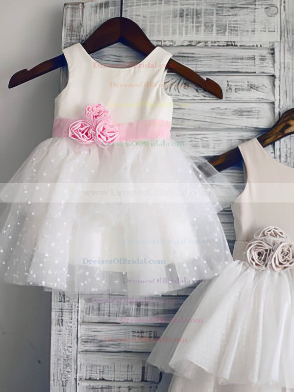 Amazing Ball Gown Flower(s) White Tulle Elastic Woven Satin Scoop Neck Flower Girl Dress #DOB01031847