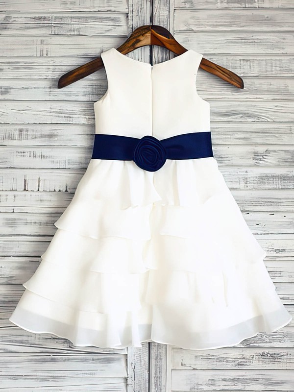 Ivory Chiffon Elastic Woven Satin Tiered Scoop Neck Ankle-length Flower Girl Dress #DOB01031848