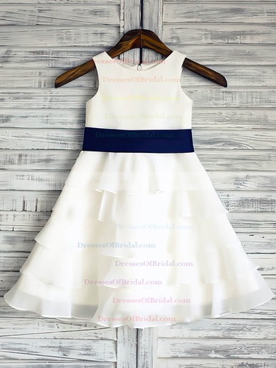 Ivory Chiffon Elastic Woven Satin Tiered Scoop Neck Ankle-length Flower Girl Dress #DOB01031848