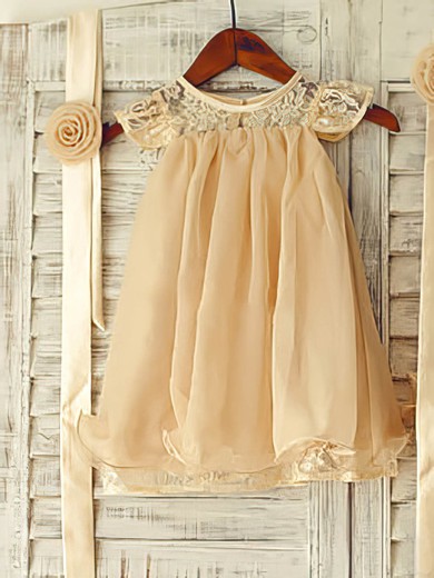 Simple Champagne Lace Chiffon with Cap Straps Scoop Neck Short/Mini Flower Girl Dress #DOB01031852