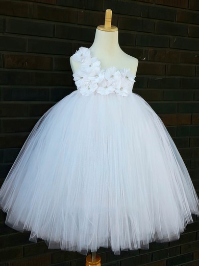 Cheap White Tulle Ankle-length Flower(s) One Shoulder Flower Girl Dresses #DOB01031854