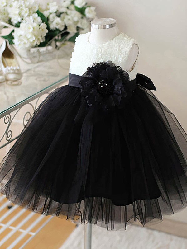 Black Tulle Ankle-length Flower(s) Scoop Neck Modern Flower Girl Dresses #DOB01031860