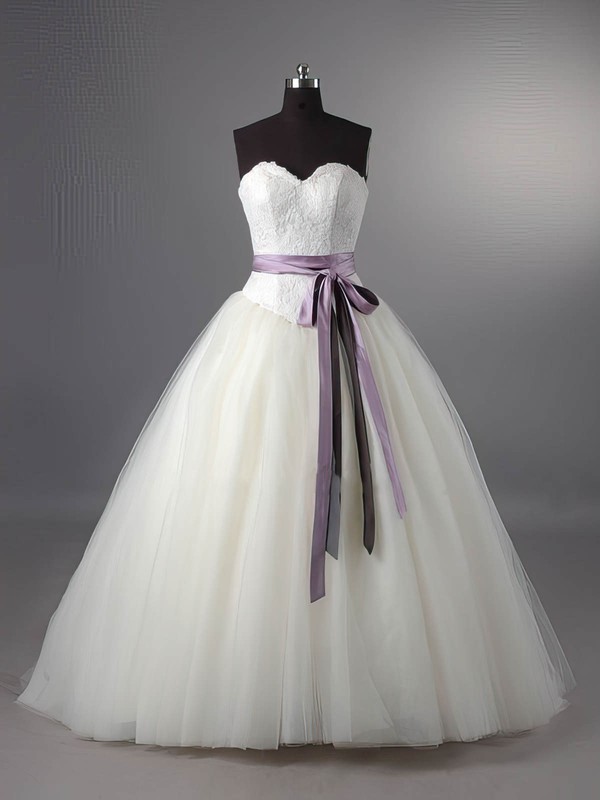 Sweetheart Ball Gown Sweep Train Tulle Sashes/Ribbons Wedding Dresses #DOB00011115