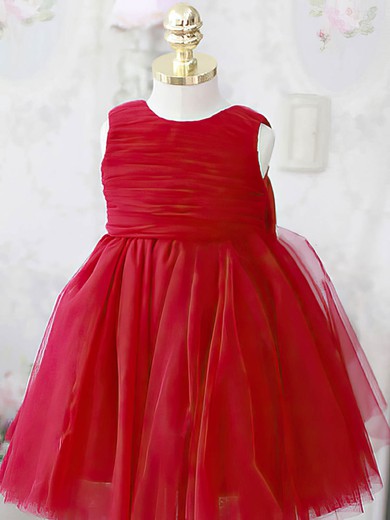 Designer Scoop Neck Ball Gown Tulle Elastic Woven Satin with Bow Red Flower Girl Dresses #DOB01031864