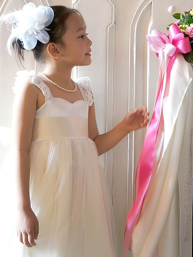 Girls Ivory Tulle with Sashes/Ribbons A-line Straps Square Neckline Flower Girl Dress #DOB01031867