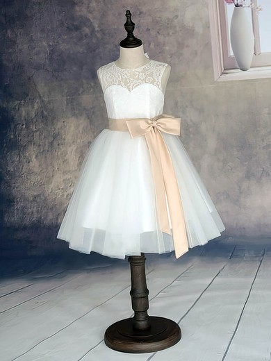 Simple Scoop Neck Lace Tulle with Sashes/Ribbons White Ankle-length Flower Girl Dress #DOB01031870