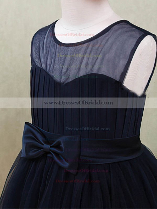Dark Navy Tulle Ankle-length with Flower(s) Scoop Neck Custom Flower Girl Dresses #DOB01031872