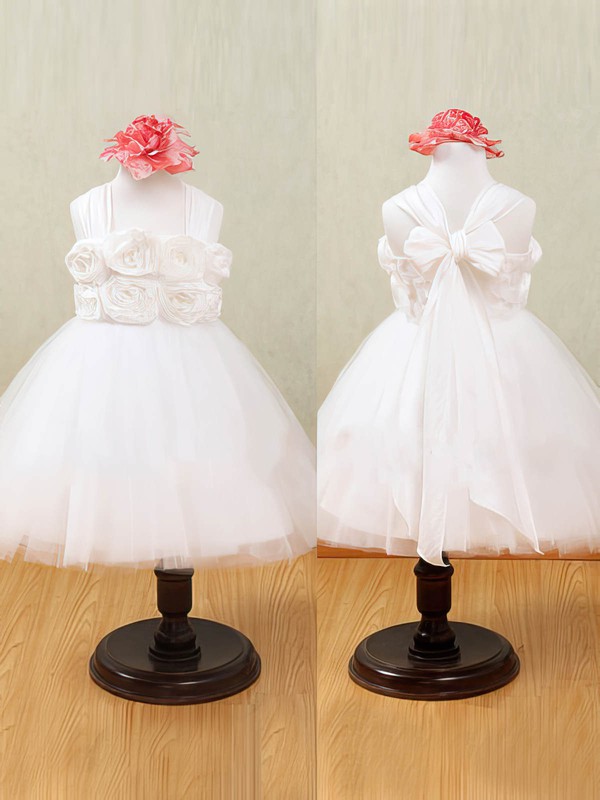Designer White Tulle with Flower(s) Ankle-length Halter Flower Girl Dress #DOB01031876