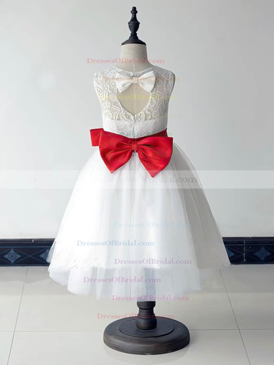 Great Scoop Neck Lace Tulle with Bow White Ankle-length Flower Girl Dresses #DOB01031880