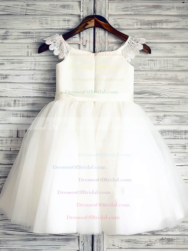 Satin Tulle Good White Sashes/Ribbons Scoop Neck Ankle-length Flower Girl Dress #DOB01031881
