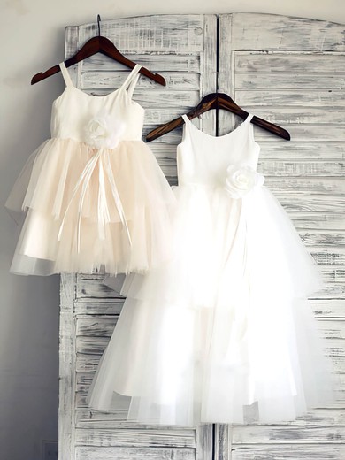 White Tiered Satin Tulle Ball Gown Flower(s) Scoop Neck Online Flower Girl Dress #DOB01031882