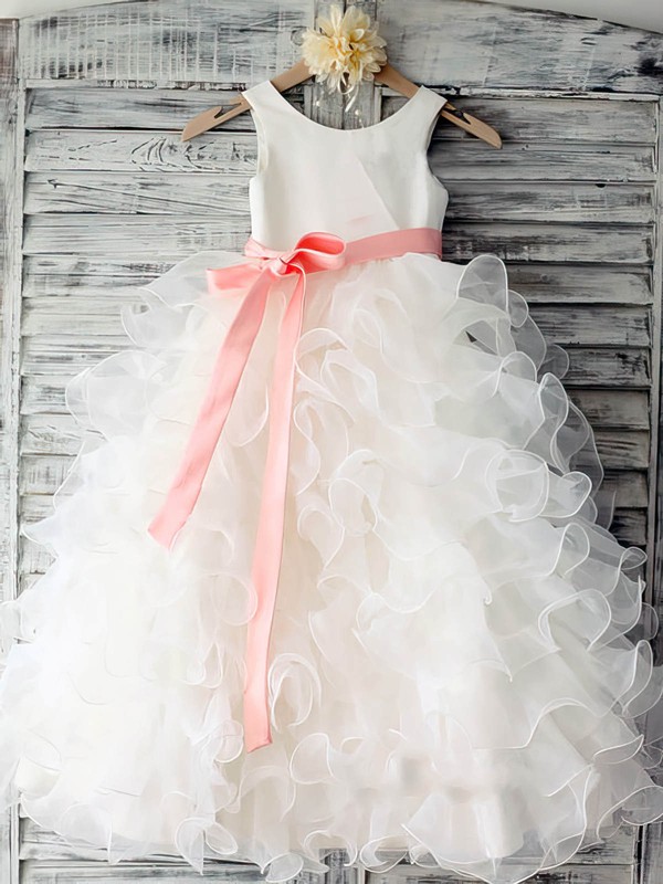 White Tiered Organza Scoop Neck Sashes/Ribbons Pretty Ball Gown Flower Girl Dress #DOB01031883