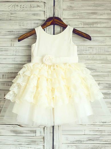 Ankle-length Tiered Lace Satin Tulle Girls Light Yellow Ball Gown Flower Girl Dress #DOB01031886