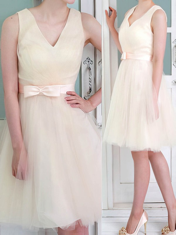 Modern Champagne Tulle with Bow V-neck Knee-length Bridesmaid Dresses #DOB01012105