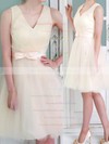 Modern Champagne Tulle with Bow V-neck Knee-length Bridesmaid Dresses #DOB01012105