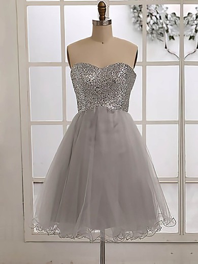 Online Silver Sequined Tulle Sweetheart Knee-length Bridesmaid Dress #DOB01012186