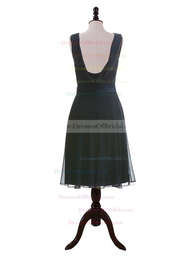 Dark Navy Chiffon with Sashes/Ribbons Tea-length Open Back Bridesmaid Dresses #DOB01012604