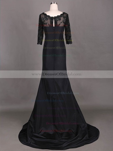 Modest Scoop Neck Taffeta Lace 1/2 Sleeve Sheath/Column Black Mother of the Bride Dress #DOB01021315