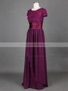 Short Sleeve Grape Lace Chiffon Ruffles Scoop Neck Vintage Mother of the Bride Dress #DOB01021316