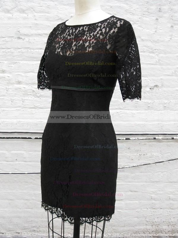 Sheath/Column Scoop Neck Designer Short Sleeve Black Lace Mother of the Bride Dress #DOB01021318