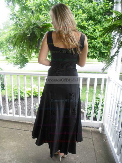 Perfect Tea-length Black Satin with Flower(s) Scoop Neck Mother of the Bride Dress #DOB01021324