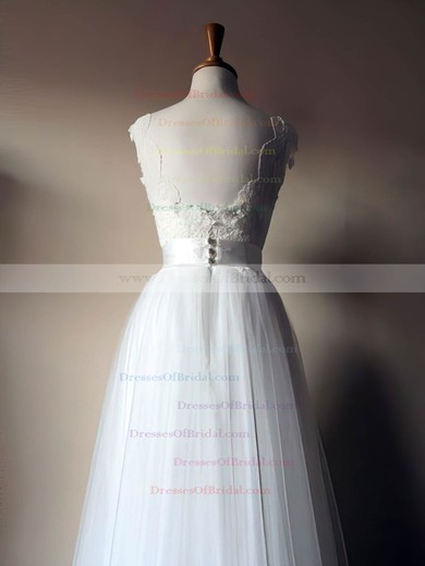 Scoop Neck A-line Floor-length Lace Tulle Sashes/Ribbons Wedding Dresses #DOB00021435