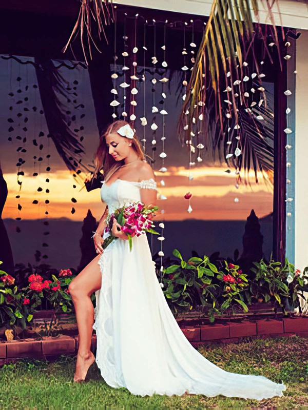 Off-the-shoulder A-line Court Train Chiffon Lace Wedding Dresses #DOB00021438