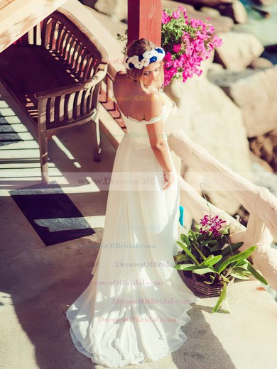 Off-the-shoulder A-line Court Train Chiffon Lace Wedding Dresses #DOB00021438