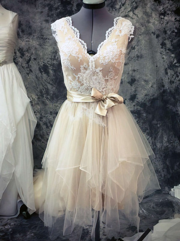 V-neck A-line Asymmetrical Tulle Silk-like Satin Appliques Lace Wedding Dresses #DOB00021442