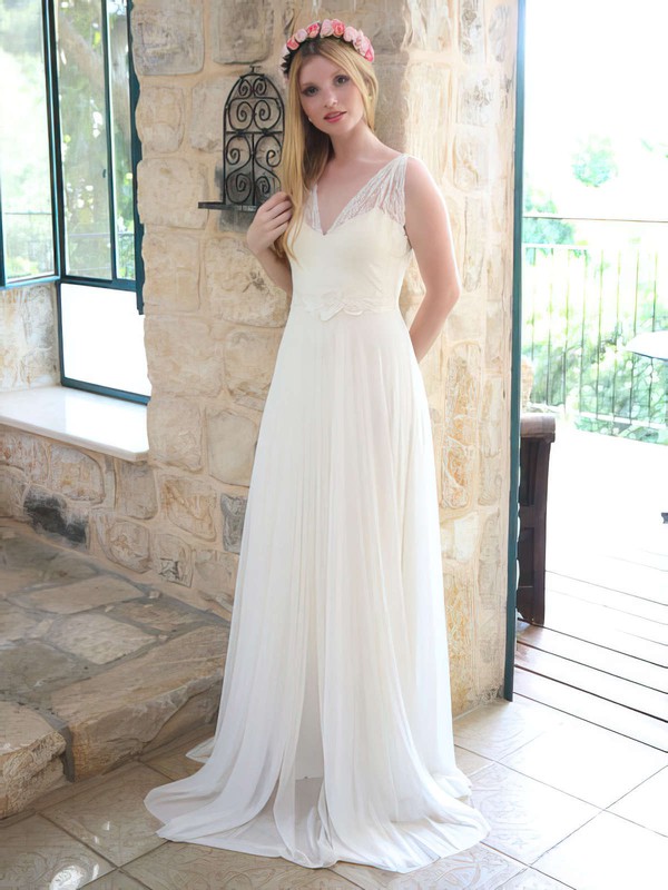 V-neck A-line Floor-length Chiffon Lace Wedding Dresses #DOB00021446