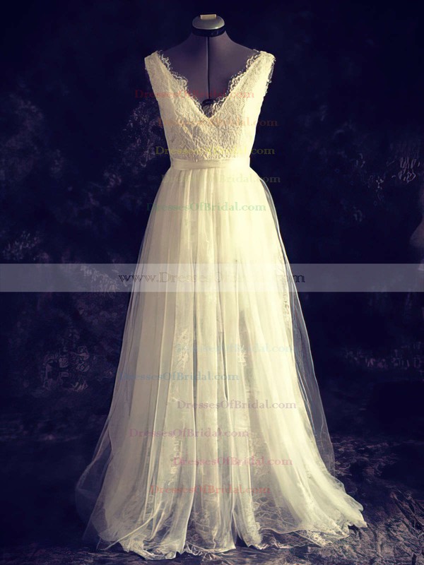 V-neck A-line Court Train Lace Tulle Sashes/Ribbons Wedding Dresses #DOB00021448