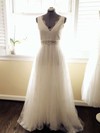 V-neck A-line Court Train Lace Tulle Sashes/Ribbons Wedding Dresses #DOB00021448