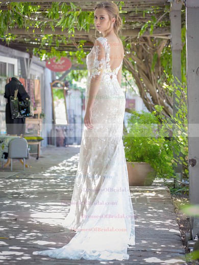 V-neck Trumpet/Mermaid Sweep Train Lace Appliques Lace Wedding Dresses #DOB00021451