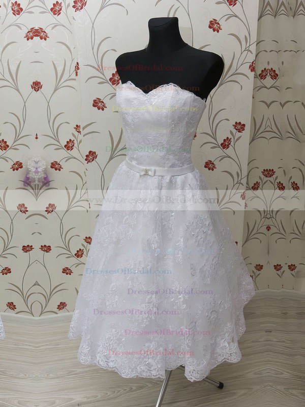 Sweetheart A-line Tea-length Lace Elastic Woven Satin Bow Wedding Dresses #DOB00021459