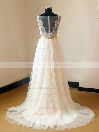 Scoop Neck A-line Sweep Train Chiffon Tulle Appliques Lace Wedding Dresses #DOB00021467