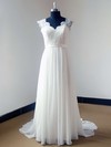 V-neck A-line Sweep Train Lace Chiffon Elastic Woven Satin Appliques Lace Wedding Dresses #DOB00021468