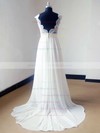 V-neck A-line Sweep Train Lace Chiffon Elastic Woven Satin Appliques Lace Wedding Dresses #DOB00021468