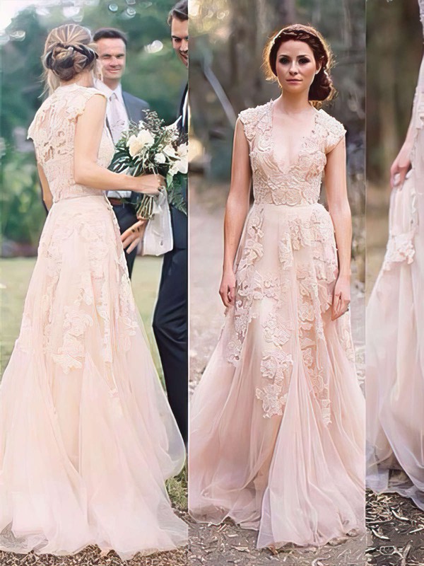 V-neck A-line Sweep Train Tulle Appliques Lace Wedding Dresses #DOB00021475
