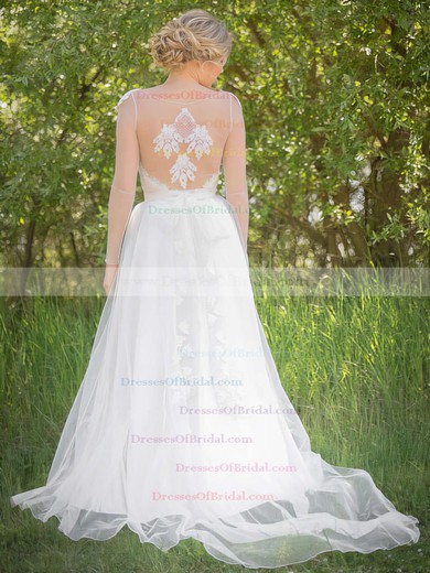 Scoop Neck A-line Sweep Train Satin Tulle Appliques Lace Wedding Dresses #DOB00021482