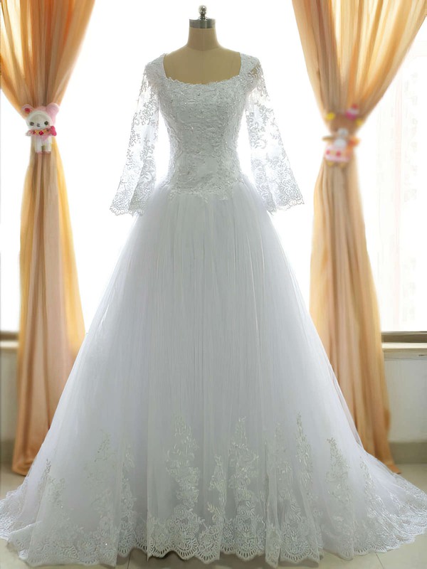 Square Neckline Princess Chapel Train Lace Satin Tulle Appliques Lace Wedding Dresses #DOB00021485