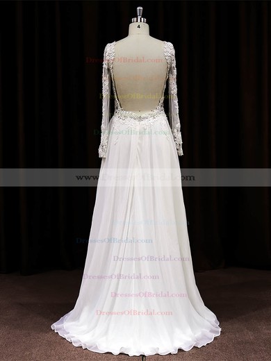 Scoop Neck A-line Sweep Train Tulle Chiffon Appliques Lace Wedding Dresses #DOB00021488